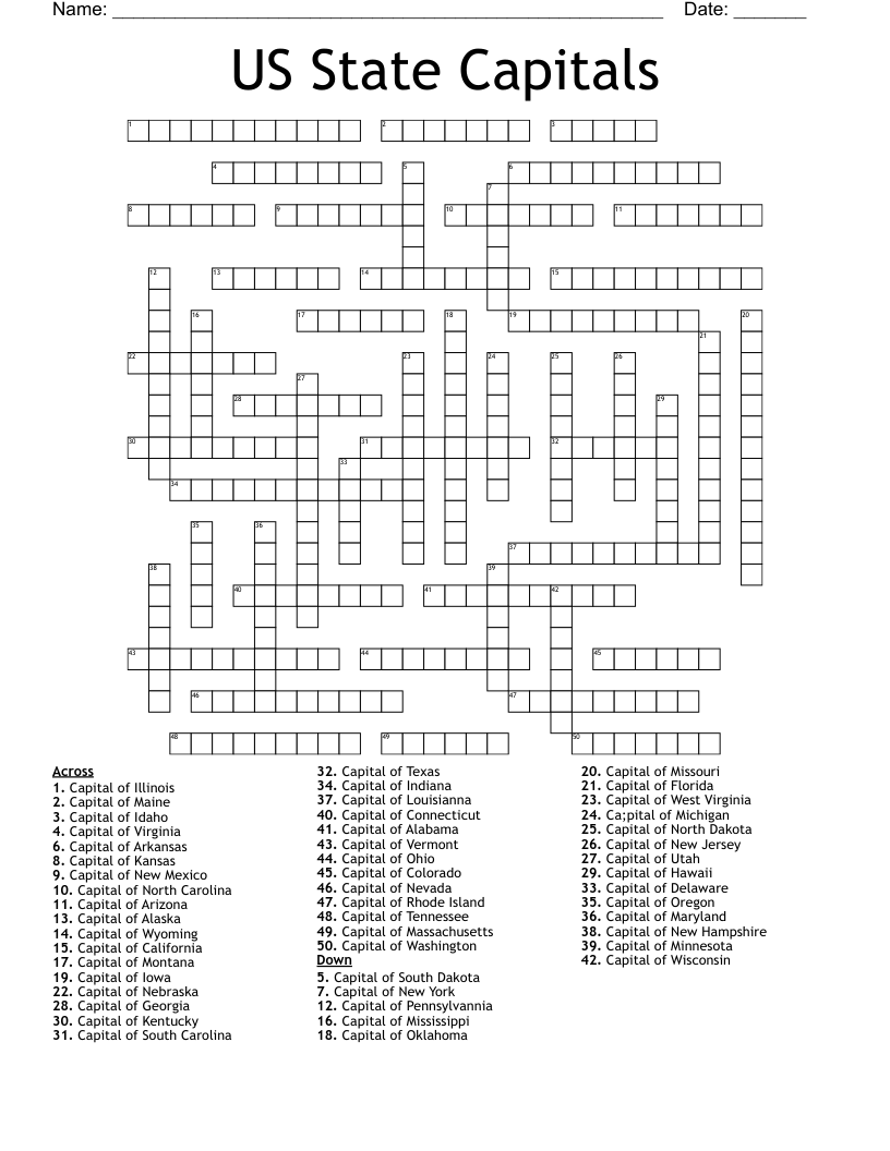 50 States Crossword Puzzle Printable Printable Crossword Puzzles Images