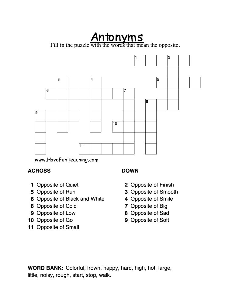 Antonyms Crossword Puzzle