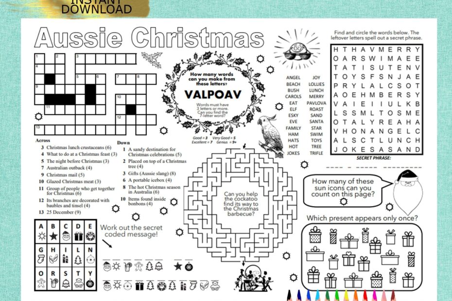 AUSSIE CHRISTMAS Puzzle Placemat PDF Crossword Puzzles Activity