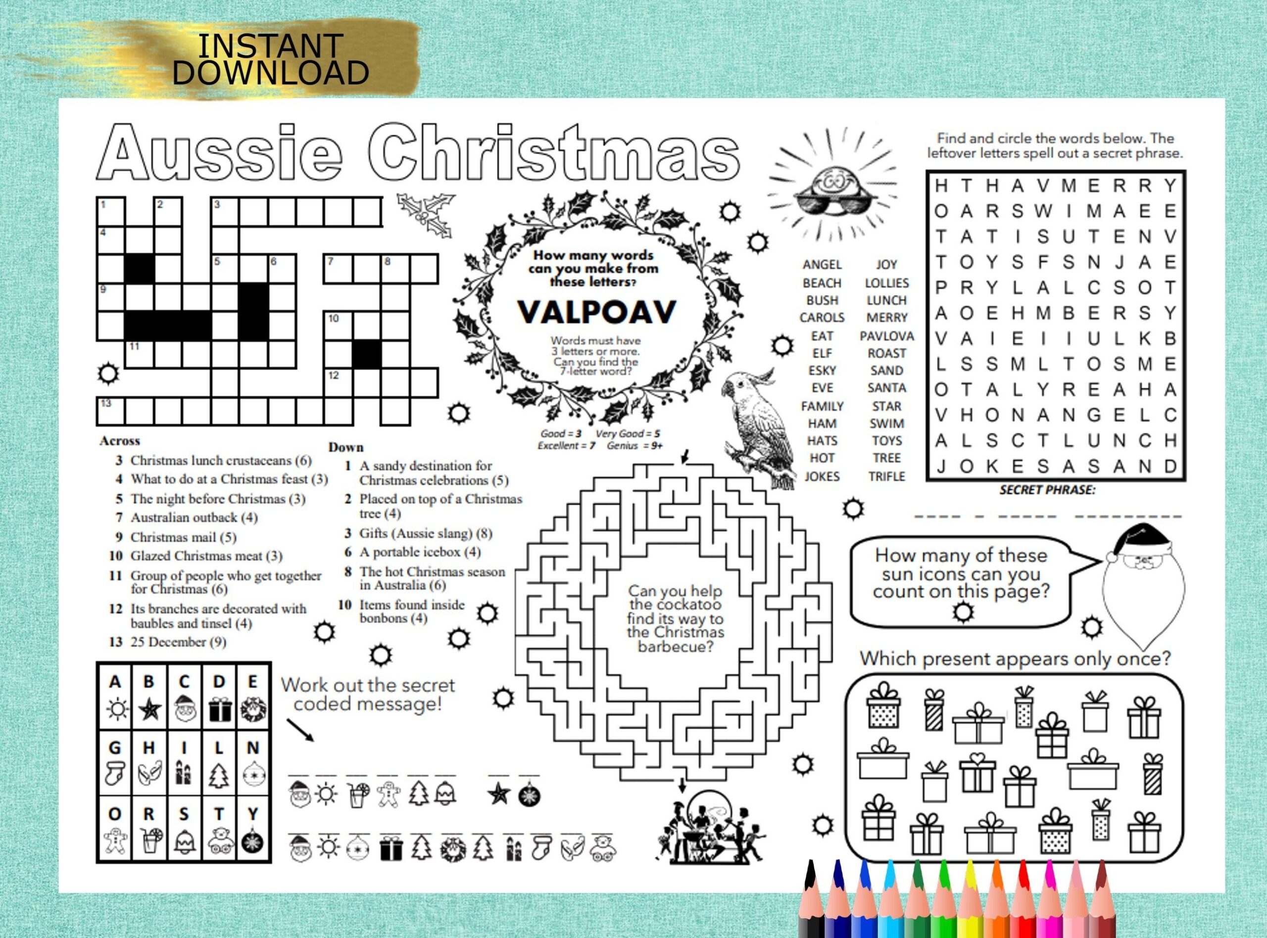 AUSSIE CHRISTMAS Puzzle Placemat PDF Crossword Puzzles Activity 
