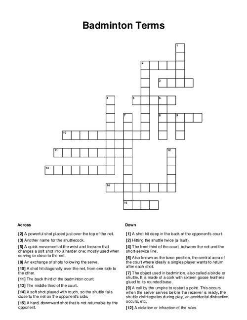 Badminton Terms Crossword Puzzle