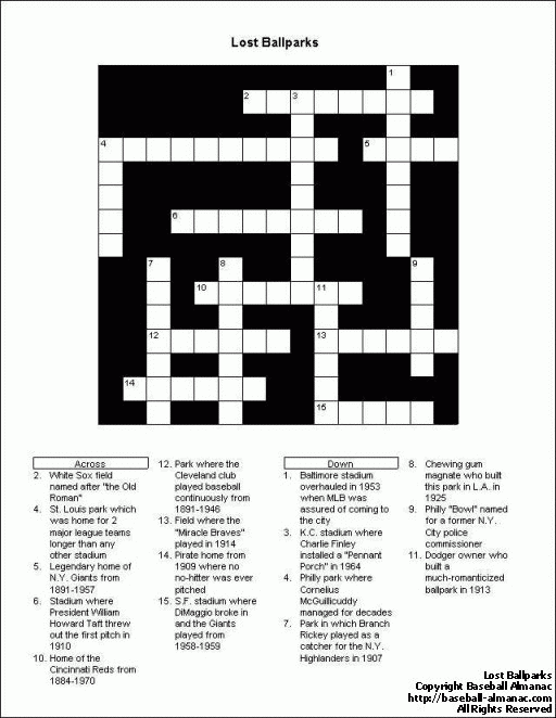 Baseball Crossword Puzzle Lost Ballparks Printable Version 