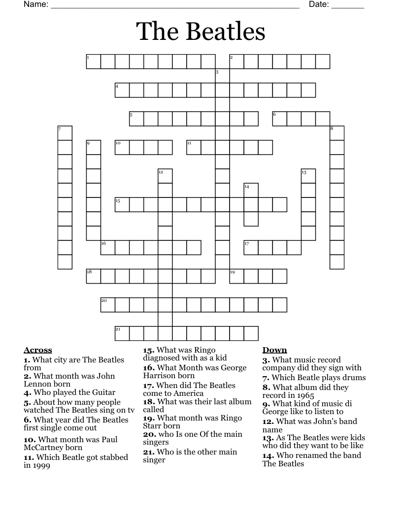 Beatles Crossword Puzzles Printable Printable Crossword Puzzles 