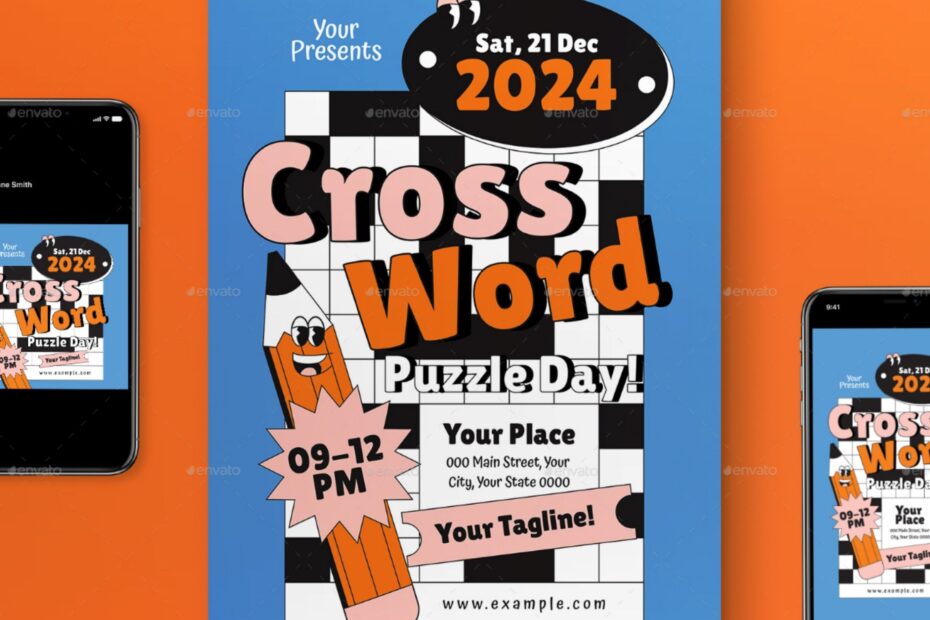 Blue Cartoon Flat Design Crossword Puzzle Day Flyer Set Puzzle