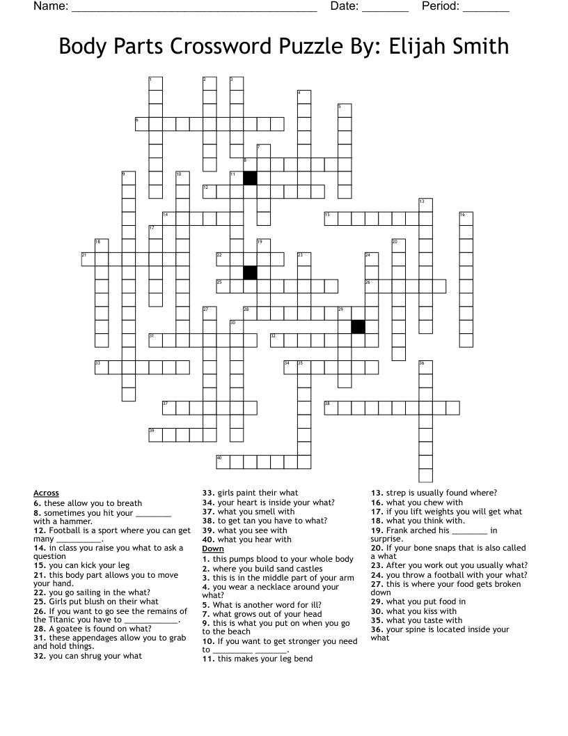 Body Parts Crossword Puzzle