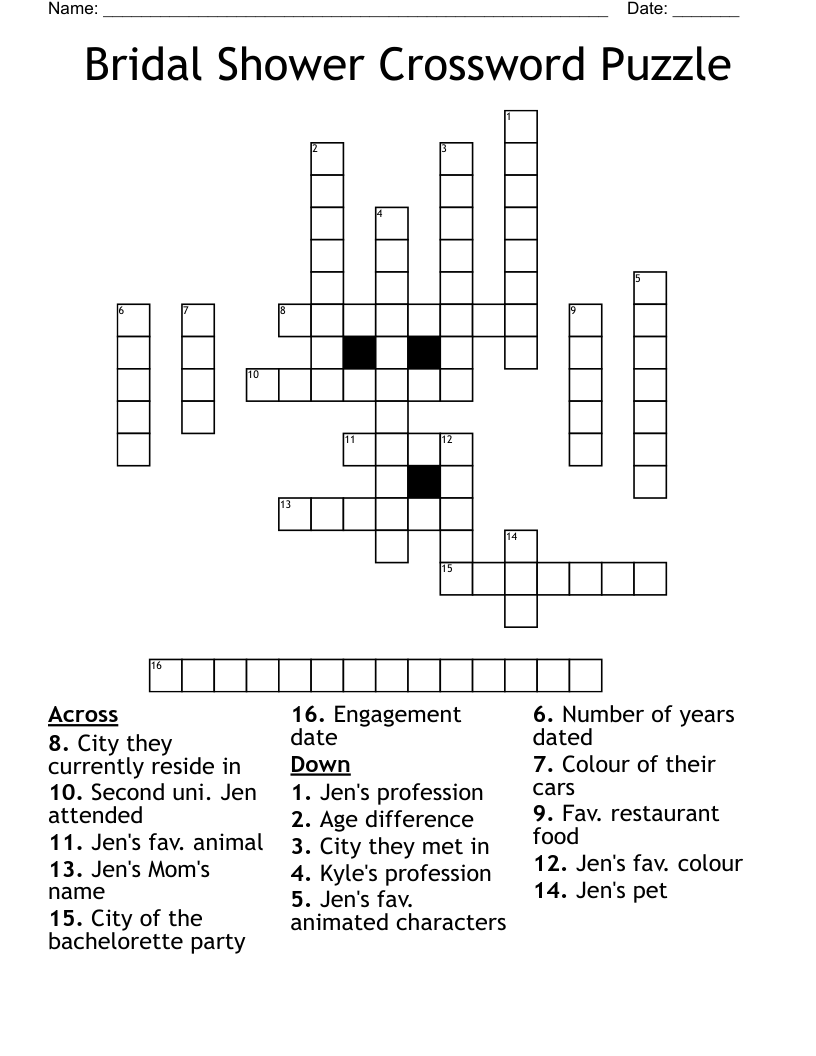 Bridal Shower Crossword Puzzle Printable