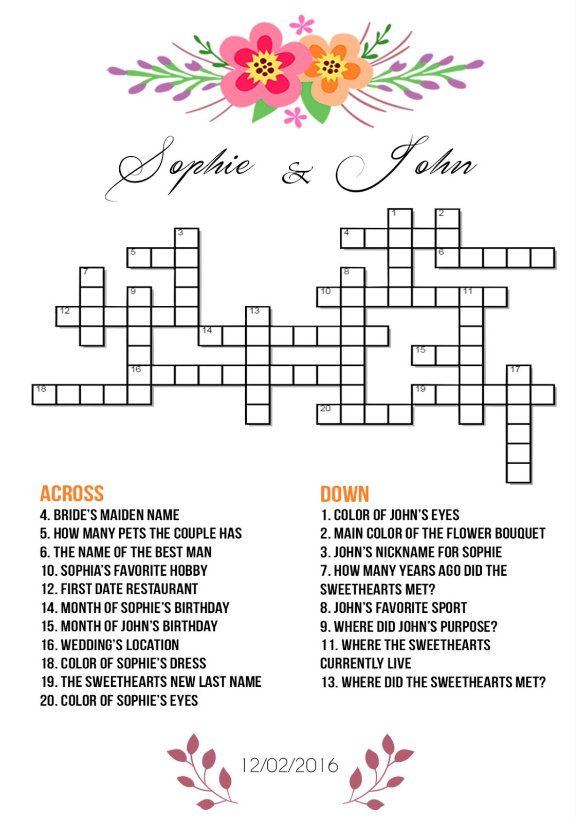 Bridal Shower Crossword Puzzle Printable