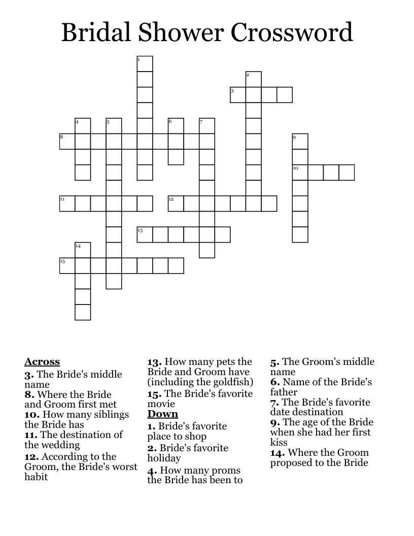 Bridal Shower Crossword Puzzle Printable
