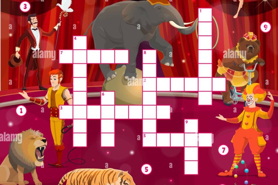 Circus Find Word Crossword Quiz Game With Cartoon Performers And