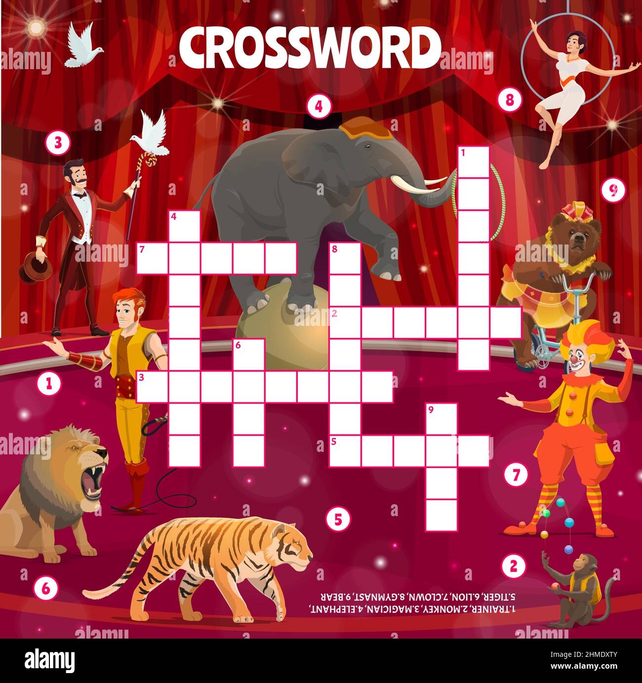 Circus Find Word Crossword Quiz Game With Cartoon Performers And 