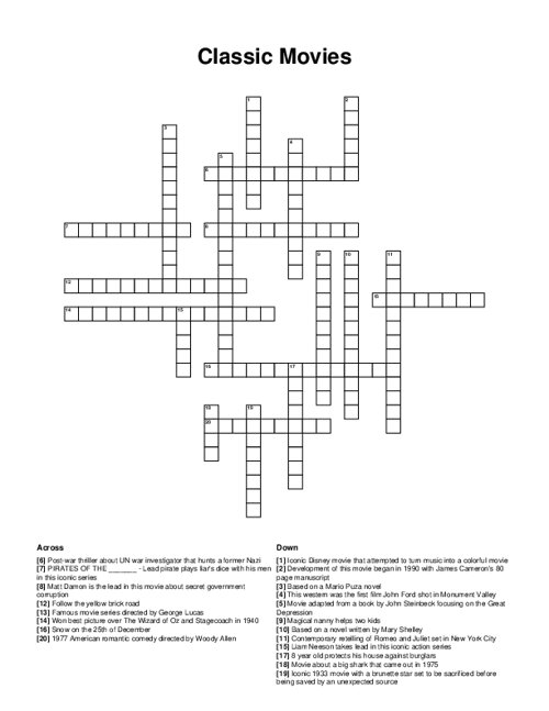 Classic Movies Crossword Puzzle Classic Movies Crossword Puzzle