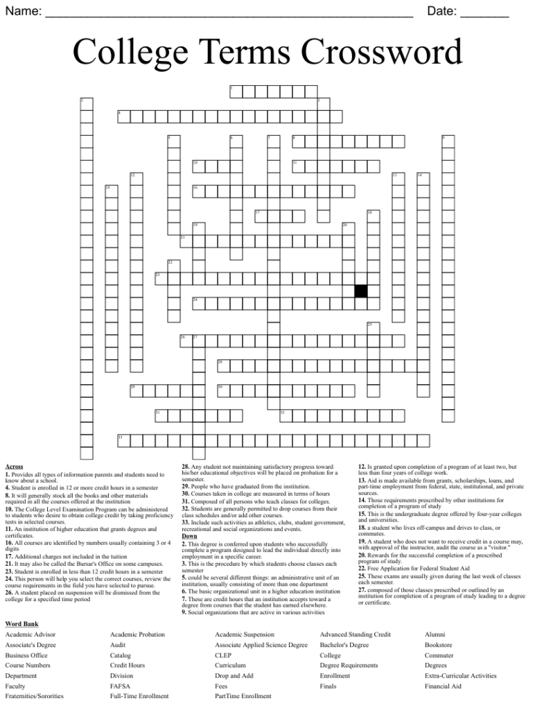 College Crossword Puzzle Printable Free Crossword Puzzles Printable