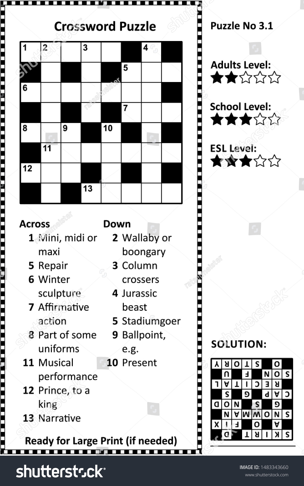 Crossword Puzzle Grid Clues Solution Classic Stock Illustration 