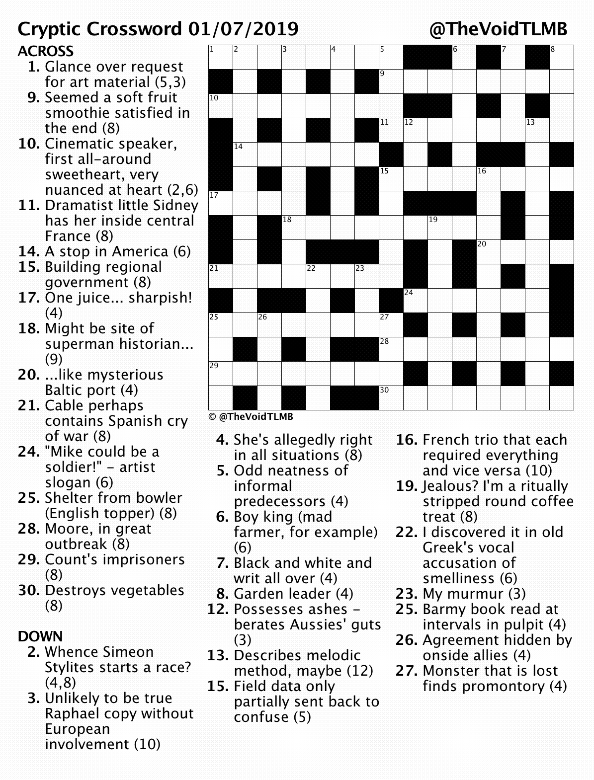 Cryptic Crossword July 2019 TLMB