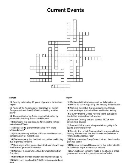 Current Events Crossword Puzzle