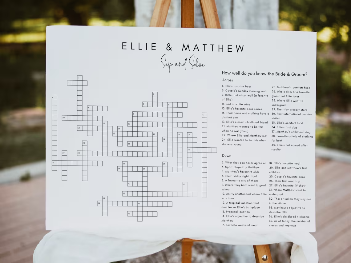 Custom Wedding Crossword Extra Large Minimalist Sip And Solve Puzzle 