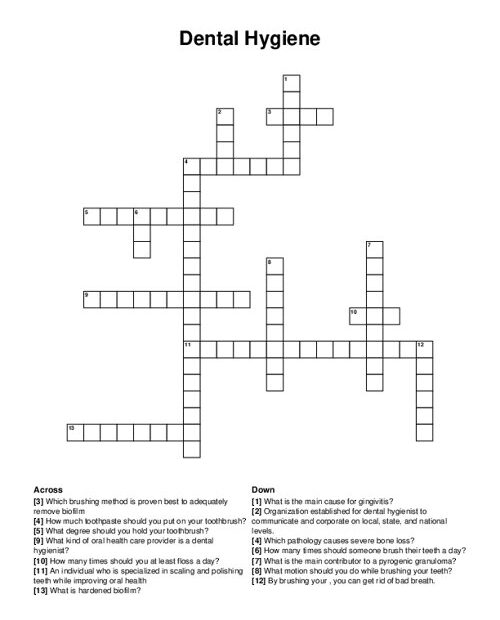 Dental Hygiene Crossword Puzzle