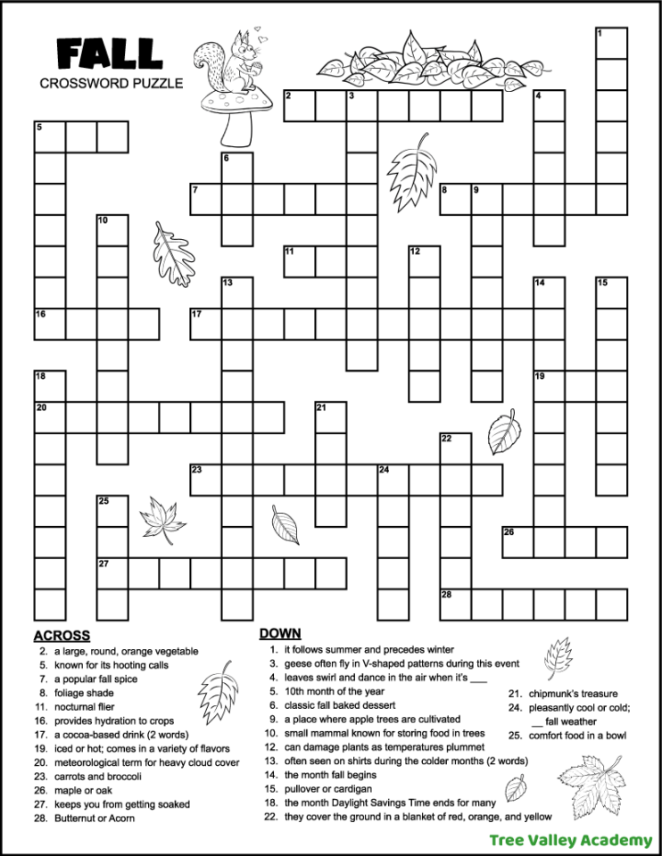 Fall Crossword Puzzle For Middle School Tree Valley Academy