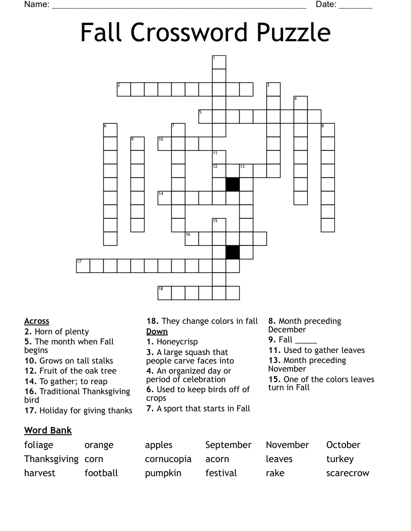 Fall Crossword Puzzle Printable