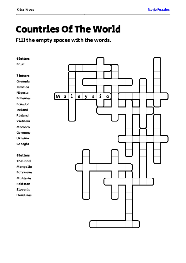 Free Countries Of The World Kriss Kross Puzzle Free Printable PDF