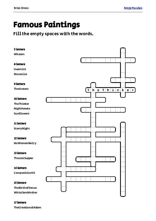 Free Famous Paintings Kriss Kross Puzzle Free Printable PDF