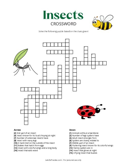 Free Printable Insects Crossword Puzzle