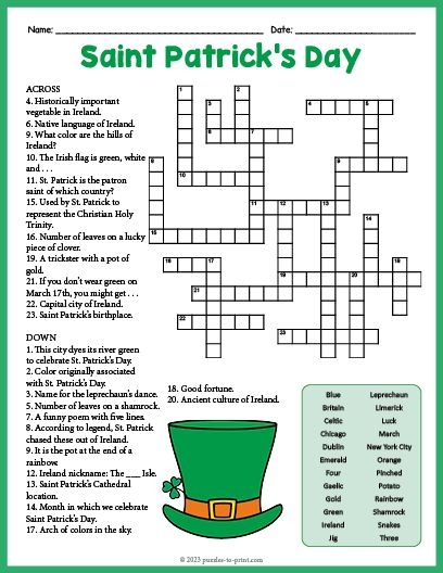 Free Printable Saint Patricks Day Crossword Puzzle