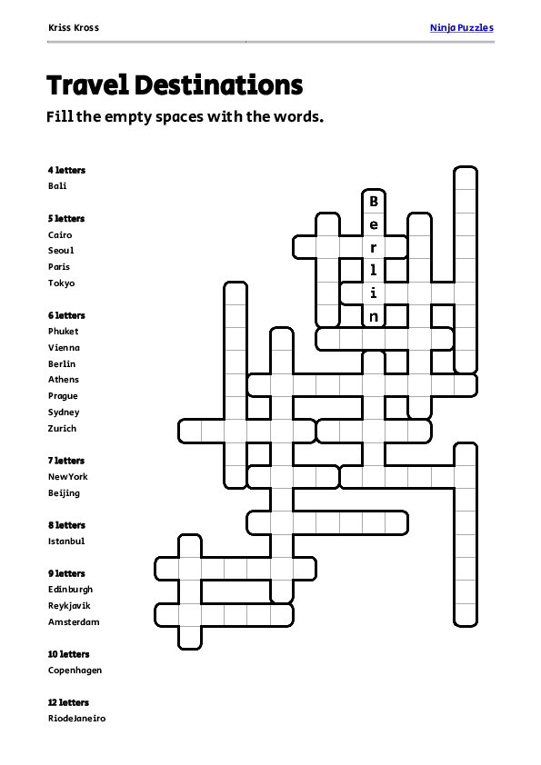 Free Travel Destinations Kriss Kross Puzzle Free Printable PDF