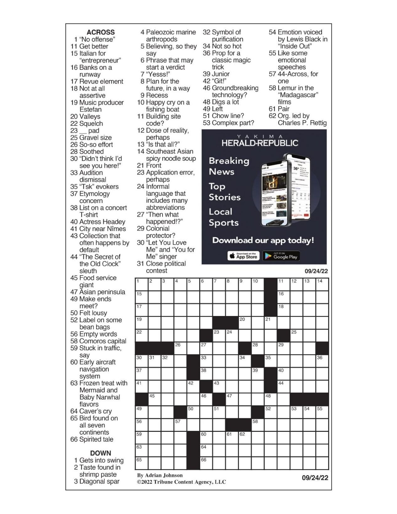 LAT Crossword Sept 24 2022 Crosswords Yakimaherald
