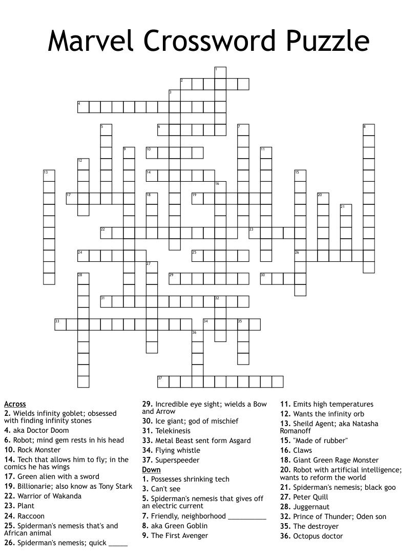 Marvel Crossword Puzzle WordMint