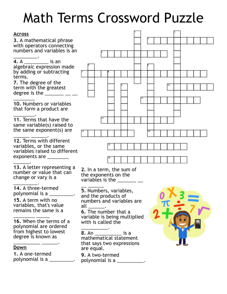 Math Crossword Puzzle Answer Key Free Crossword Puzzles Printable