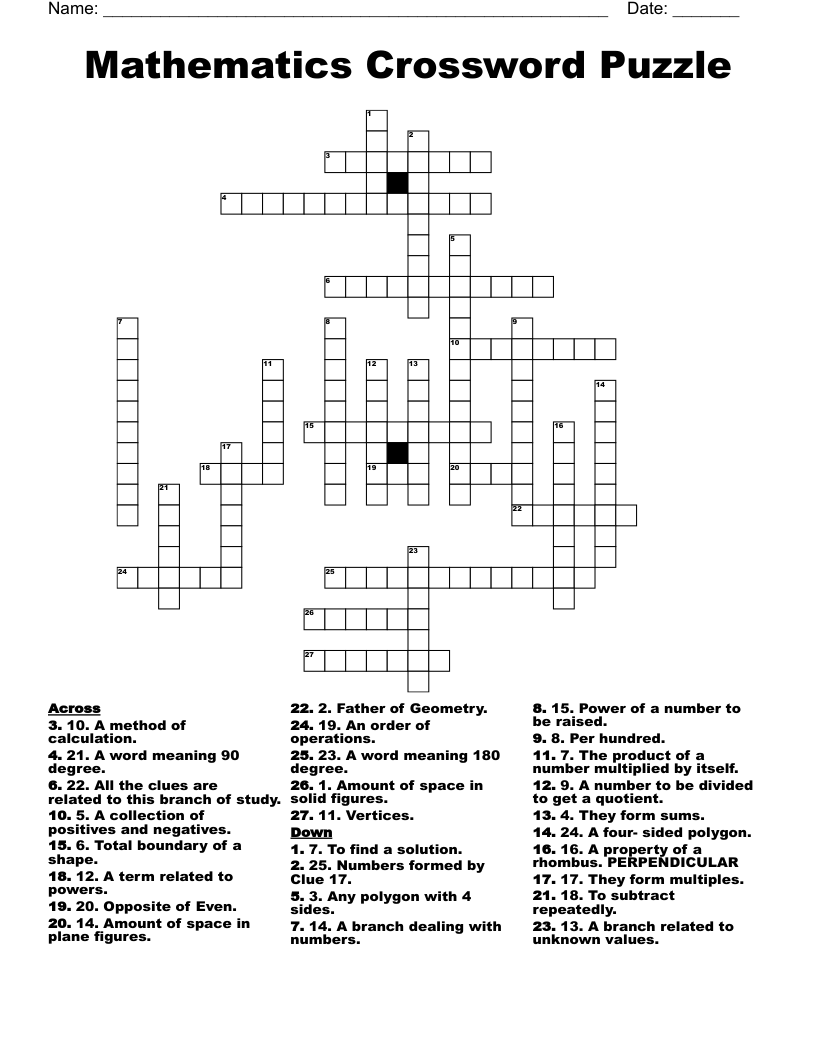 Math Crossword Puzzles Printable