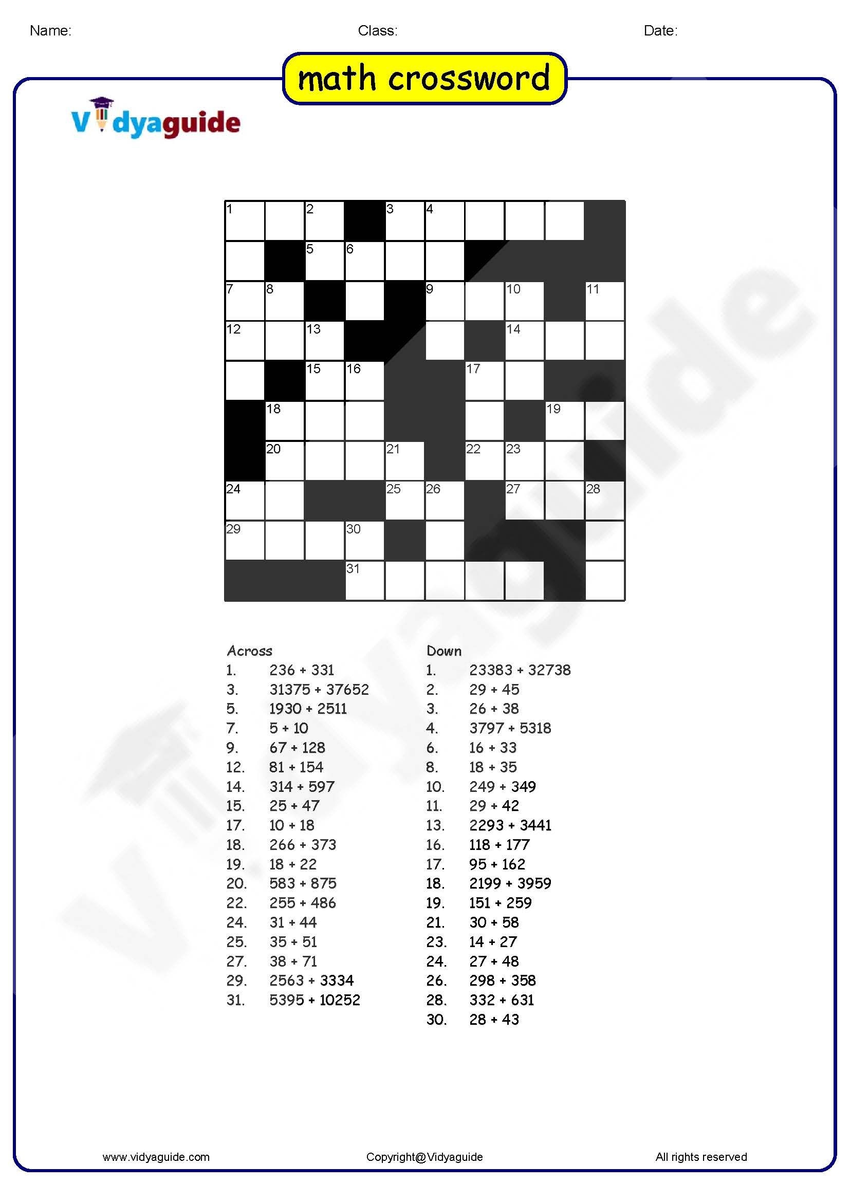 Math Crossword Puzzles With Answers