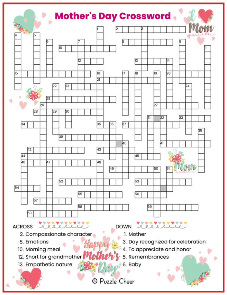 Mother 39 s Day Crossword Puzzle Puzzle Cheer