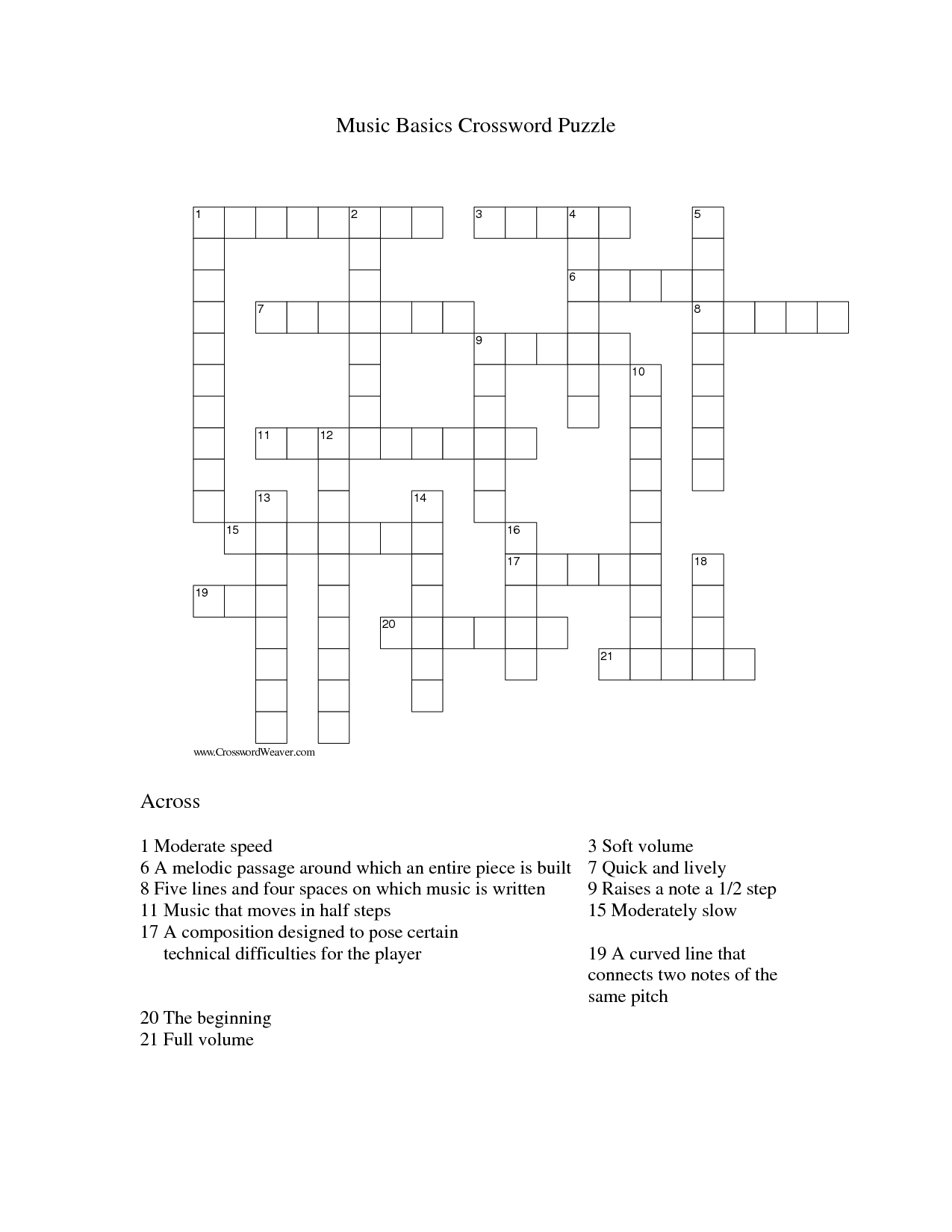 Music Crossword Puzzle Printable Coloring Pages FREE