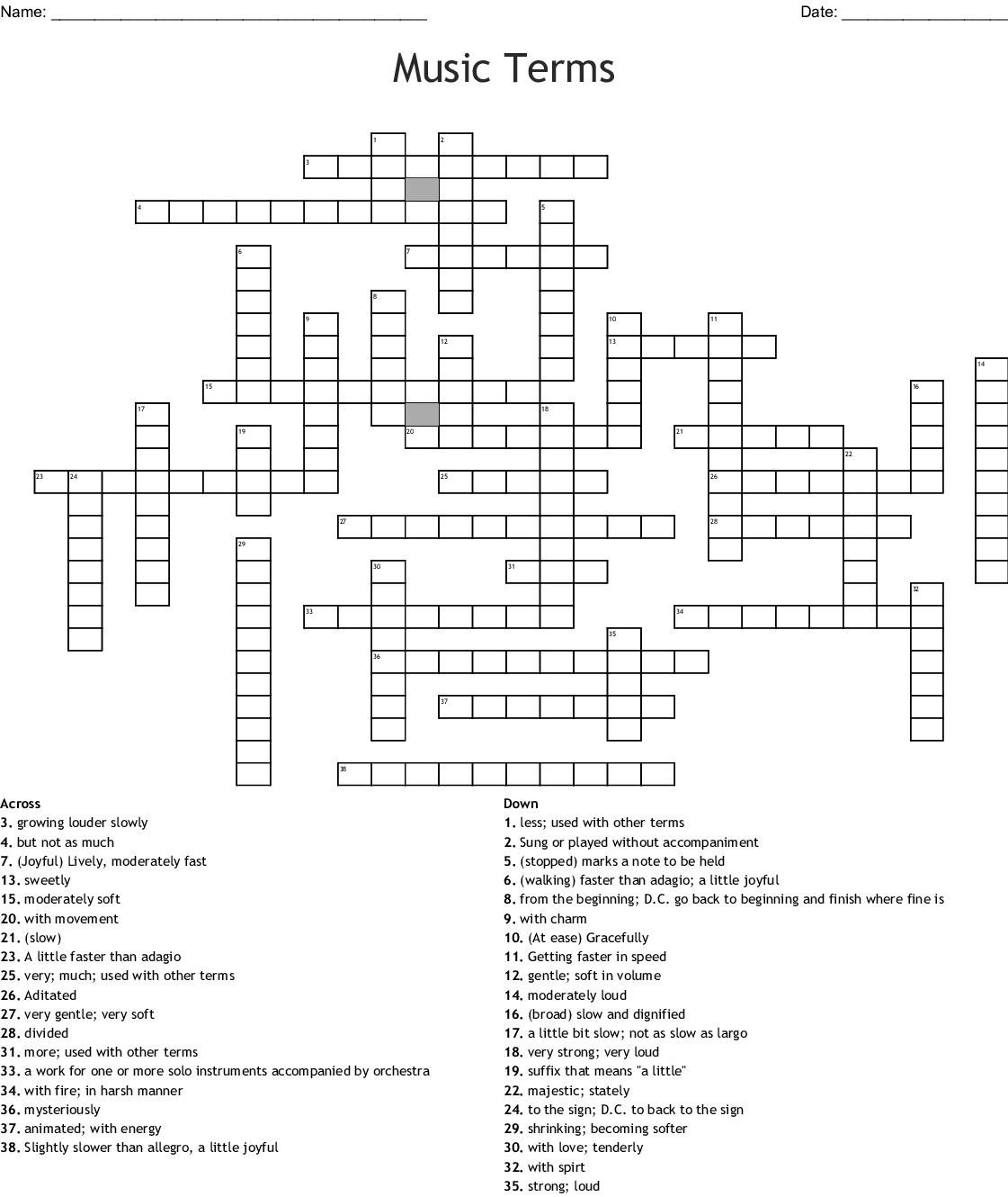 Music Crossword Puzzle Printable Coloring Pages FREE