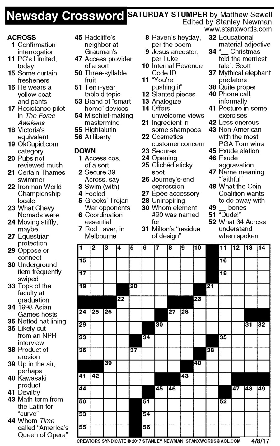 Newsday Crossword Puzzle For Apr 08 2017 By Stanley Newman Creators 