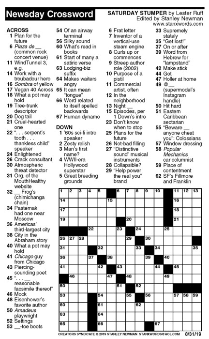 Newsday Crossword Puzzle For Aug 31 2019 By Stanley Newman Creators 