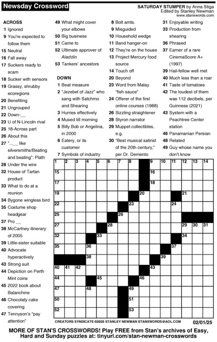 Newsday Crossword Puzzle For Feb 01 2025 By Stanley Newman Creators 