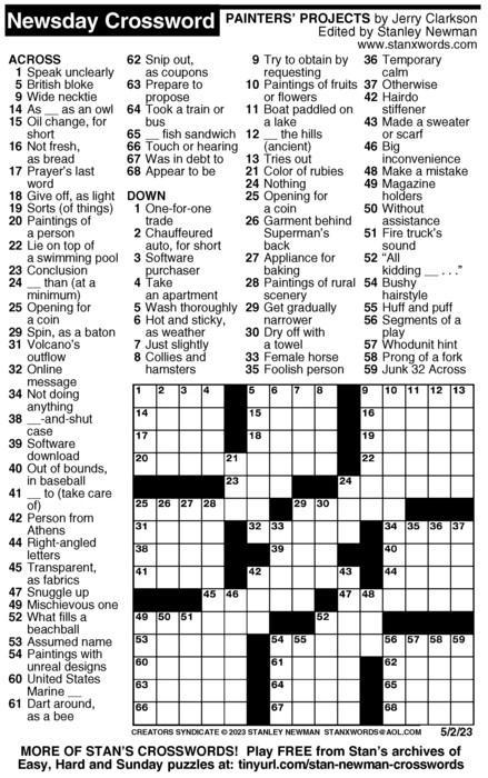 Newsday Crossword Puzzle For May 02 2023 By Stanley Newman Creators 
