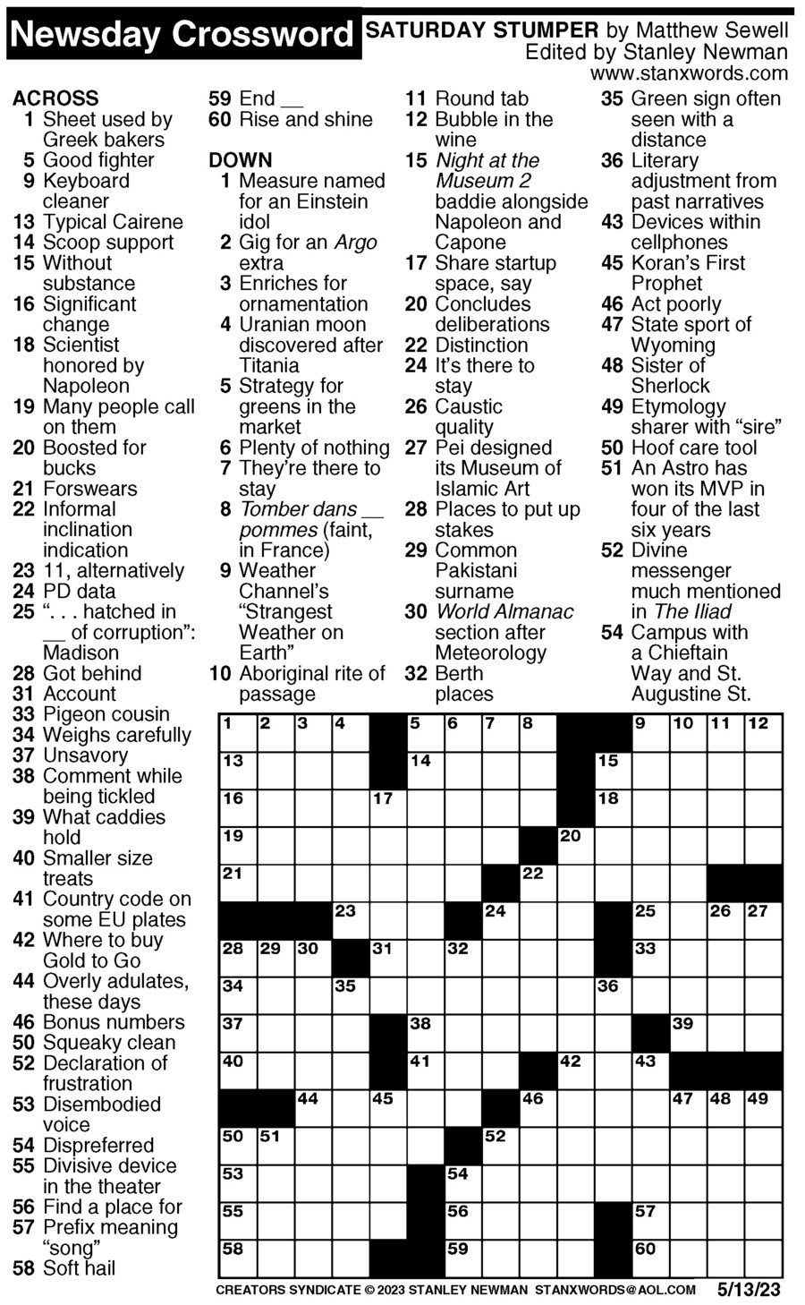 Newsday Crossword Puzzle For May 13 2023 By Stanley Newman Creators 