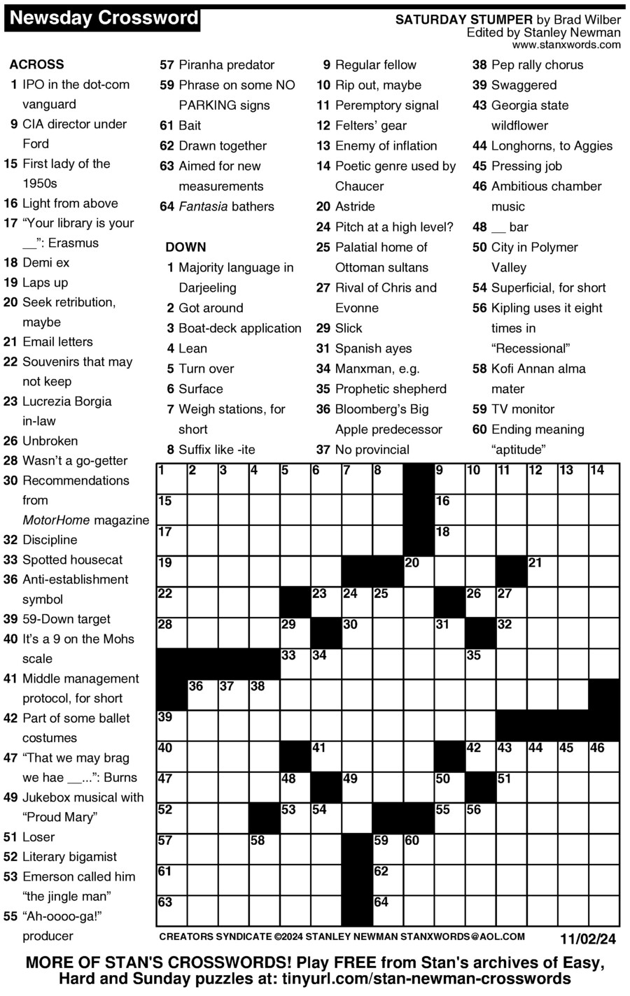 Newsday Crossword Puzzle For Nov 02 2024 By Stanley Newman Creators 