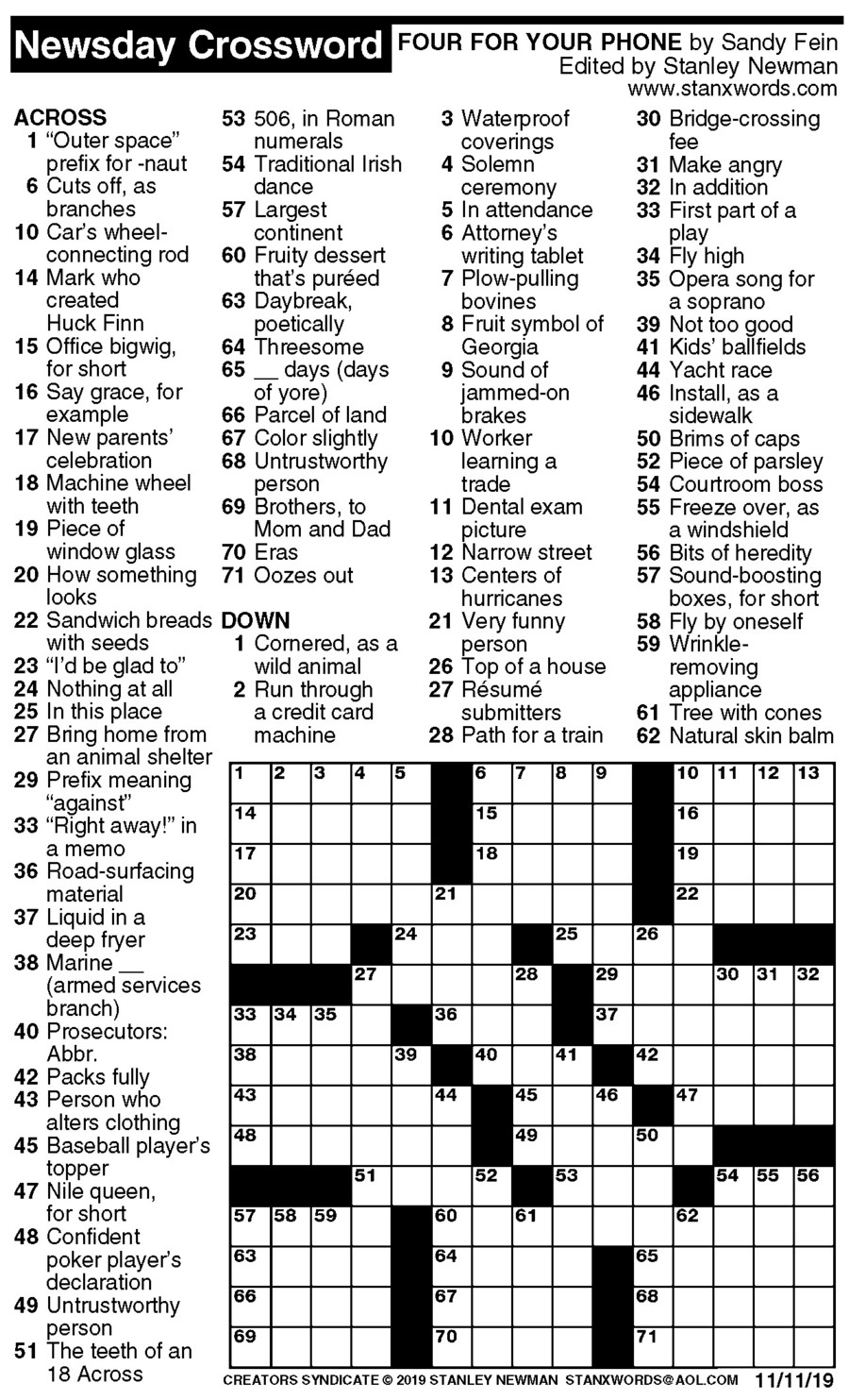 Newsday Crossword Puzzle For Nov 11 2019 By Stanley Newman Creators 