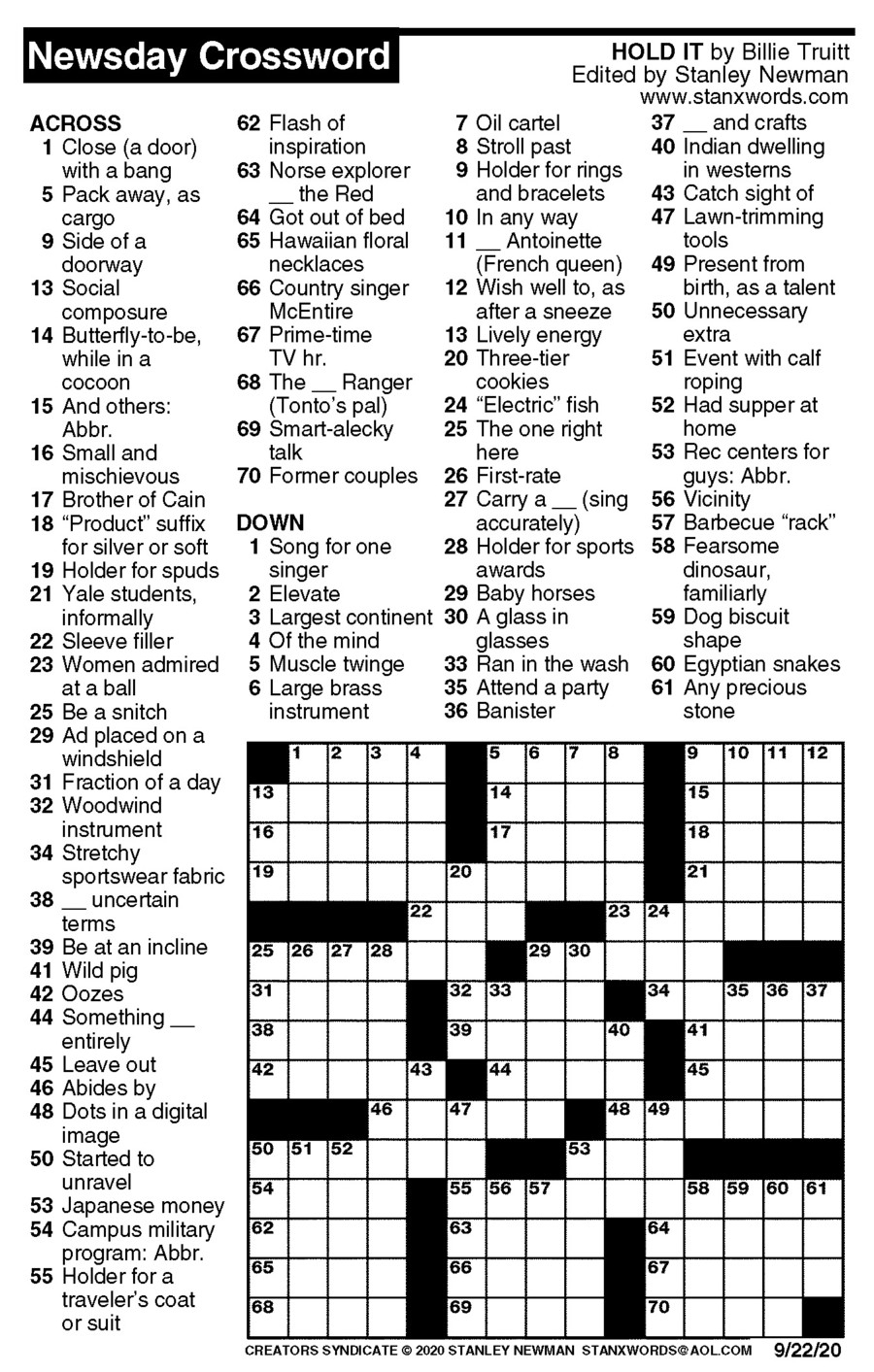 Newsday Crossword Puzzle For Sep 22 2020 By Stanley Newman Creators 