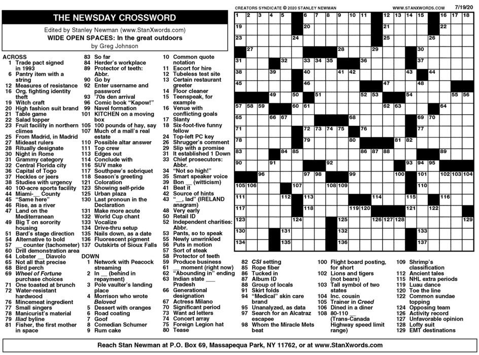 Newsday Crossword Sunday For Jul 19 2020 By Stanley Printable 