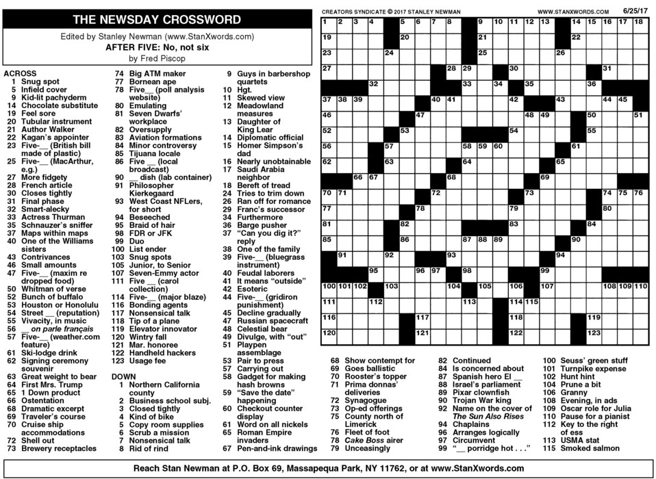 Newsday Crossword Sunday For Jun 25 2017 By Stanley Printable 
