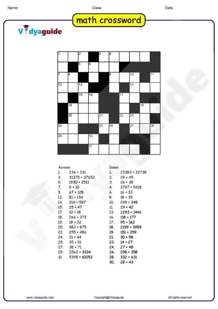 Number Crossword Puzzle Printable