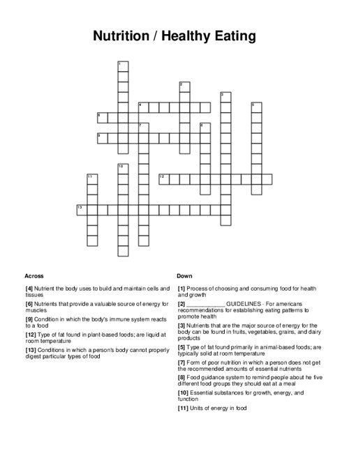 Nutrition Healthy Eating Crossword Puzzle