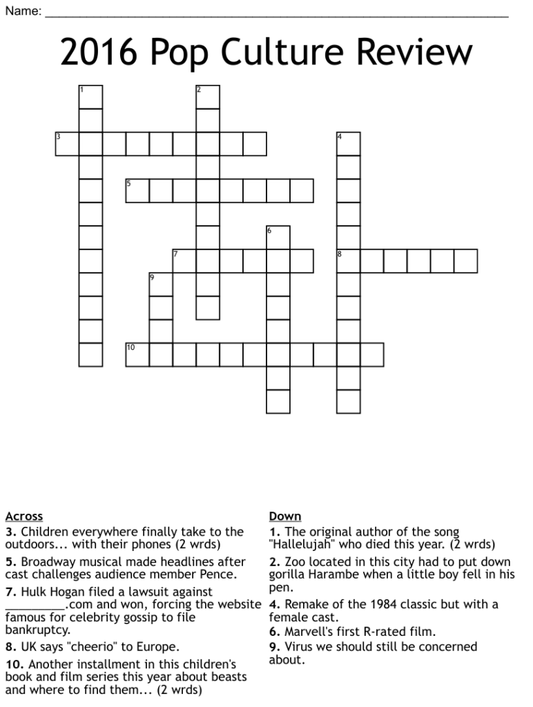 Pop Culture Crossword Puzzles Printable Free Crossword Puzzles Printable