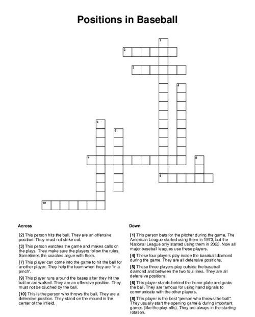 Positions In Baseball Crossword Puzzle